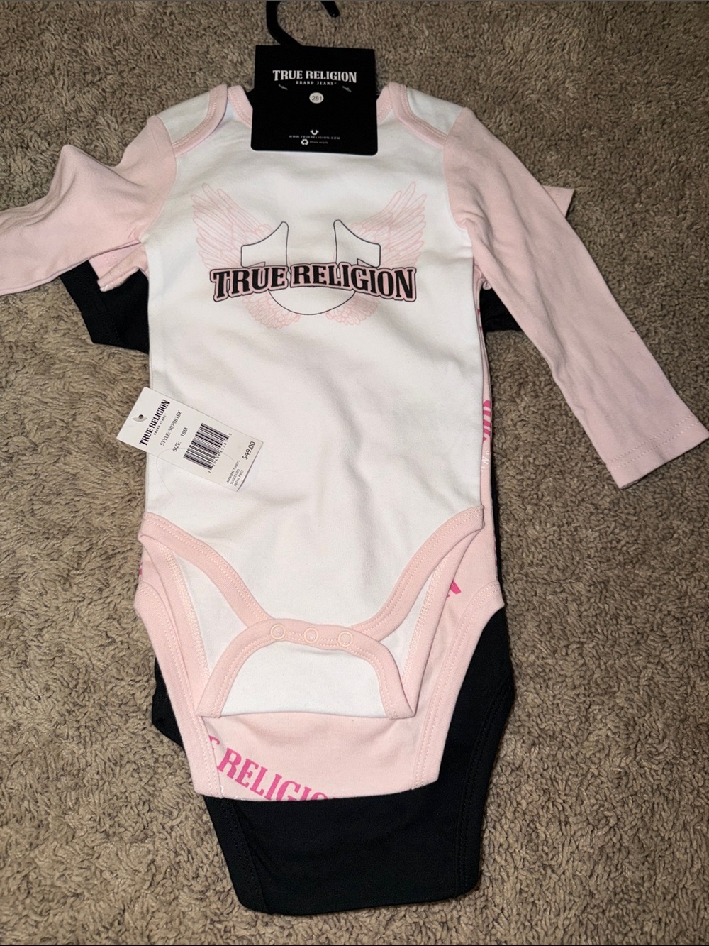 True Religion White and Light Pink Logo Bodysuit set of 3